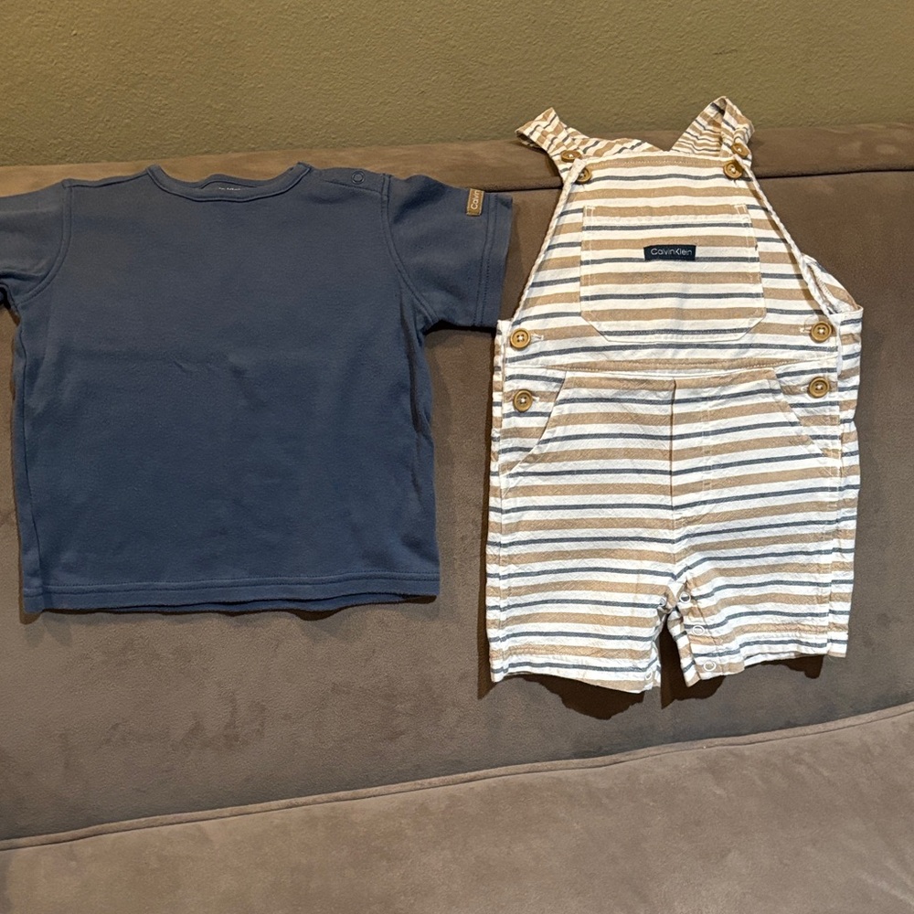 Carter's Navy Tee and Tan Striped Overalls